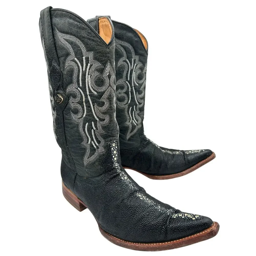 Los Altos Black Stingray Leather Cowboy Boot Mens 9.5 Black Stone Long Snip Toe